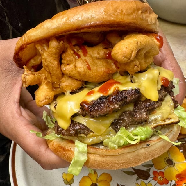 Classic Smash Burger with Fried Potatoes.