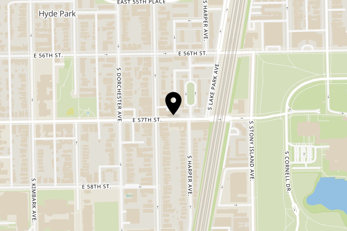 Map showing the location of B'Gabs Comfort Cafe on 1450 E 57th St in Chicago